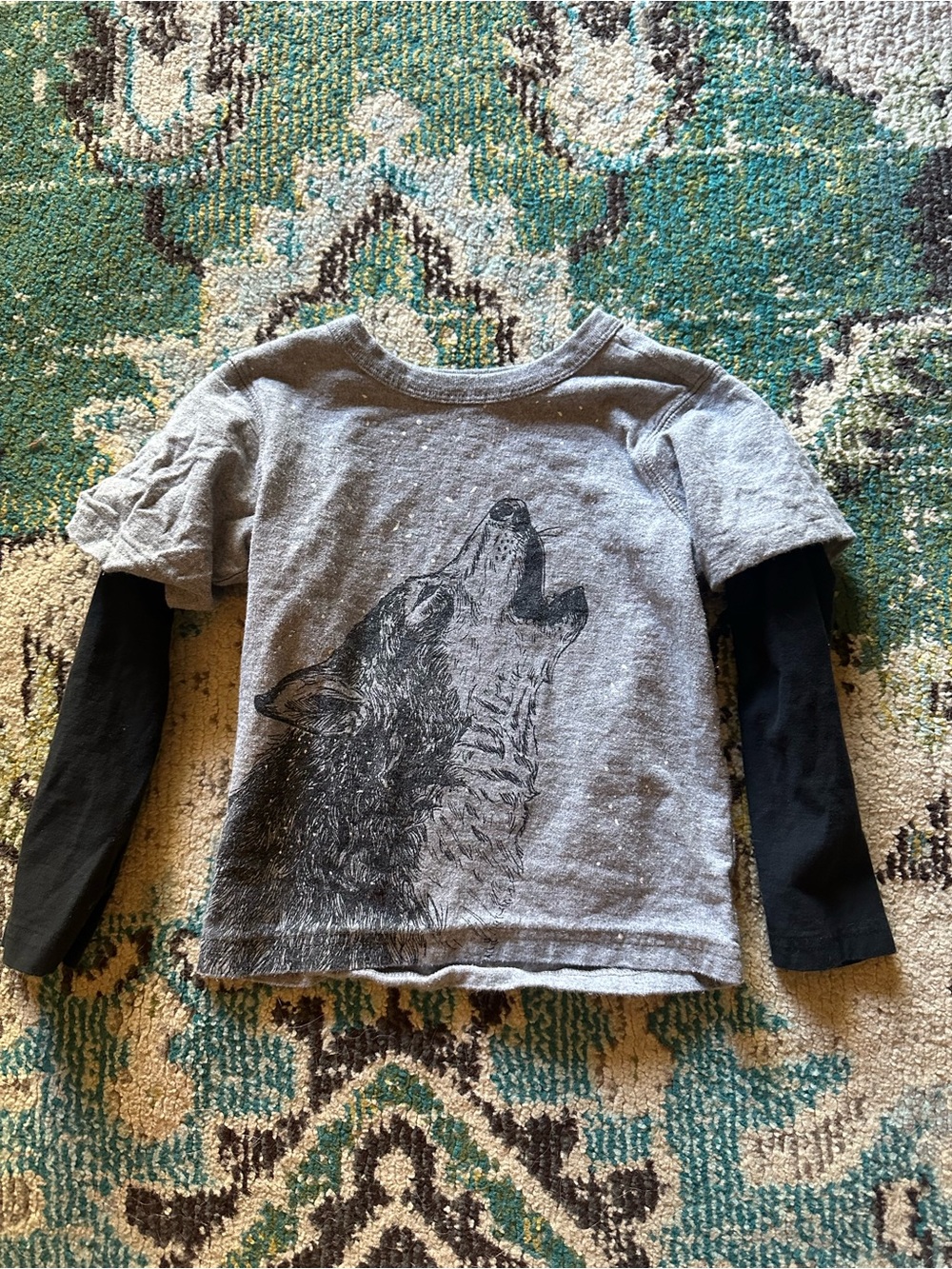 Tea Collection Grey Layered-Look Wolf Long Sleeve Tee with Black Sleeves